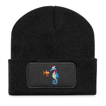 Fisch und Seepferdchen in Weihnachtsstimmung - Recycelte Patch Beanie - Schwarz - Vorne