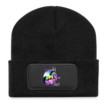 Colorful Girl Riding Motif Horse Gallop - Recycled Patch Beanie - black - Front