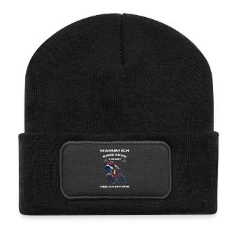 Spruch Shirt,Warum ich ohne Akku Rennrad fahre? - Recycelte Patch Beanie - Schwarz - Vorne