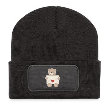 Teddybär mit Liebesbrief Herz Liebe - Recycelte Patch Beanie - Dunkelgrau - Vorne