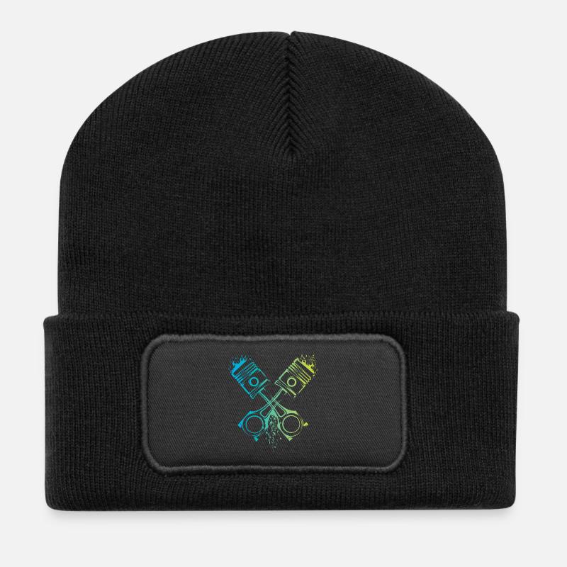 v8 Kolben Auto Flammen musclecar Motor Farben Logo - Recycelte Patch Beanie - Schwarz