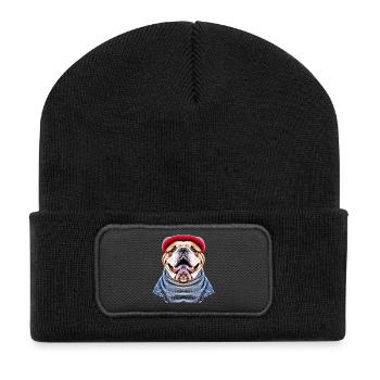 Englische Bulldogge Geschenk für Hundefans - Recycelte Patch Beanie - Schwarz - Vorne