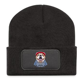 Englische Bulldogge Geschenk für Hundefans - Recycelte Patch Beanie - Dunkelgrau - Vorne