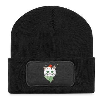 Katze mit Weihnachtsbaum - Recycelte Patch Beanie - Schwarz - Vorne