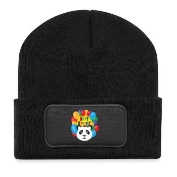 Pandabär mit Luftballons und Happy Birthday. - Recycelte Patch Beanie - Schwarz - Vorne