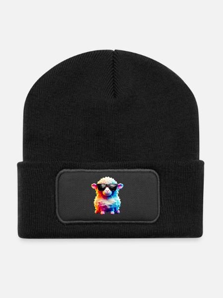 Coole Lammfell-Sonnenbrille - Recycelte Patch Beanie - Schwarz