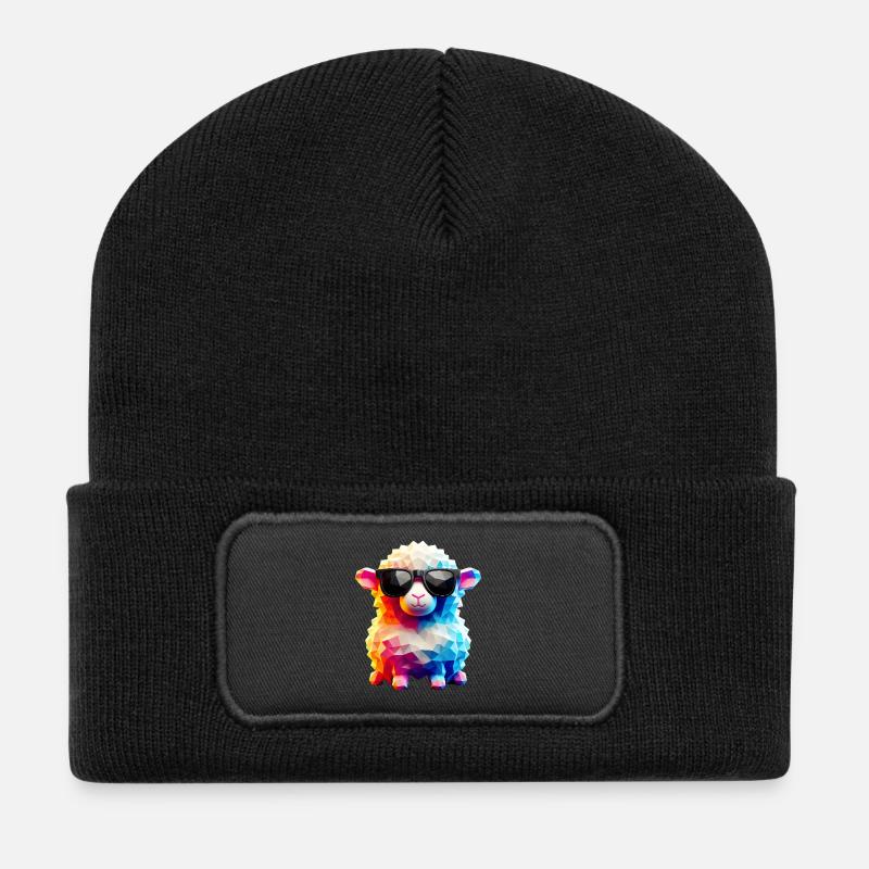 Coole Lammfell-Sonnenbrille - Recycelte Patch Beanie - Schwarz