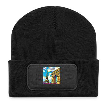 Paris Pop Art: Eiffel-Arc-Traumlandschaft - Recycelte Patch Beanie - Schwarz - Vorne