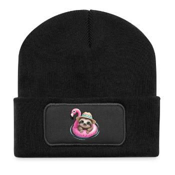 Kawaii Faultier im Flamingo🦩 - Recycelte Patch Beanie - Schwarz - Vorne