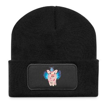 Pastellgeflügeltes Schwein mit Mütze - Recycelte Patch Beanie - Schwarz - Vorne