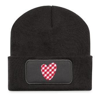 Herz kariert Love Liebe Hochzeit Karo Muster - Recycelte Patch Beanie - Dunkelgrau - Vorne