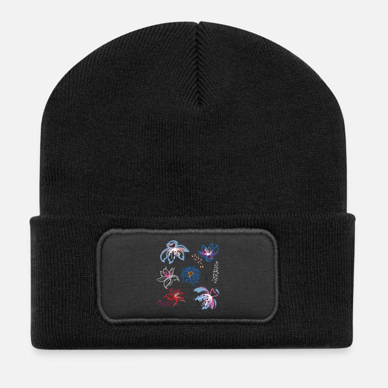 Blumenornament - Recycelte Patch Beanie - Schwarz