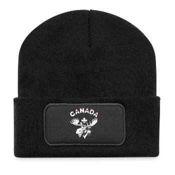 Zeichnung eines kanadischen Elchs mit Ahornblättern - Recycelte Patch Beanie - Schwarz - Vorne