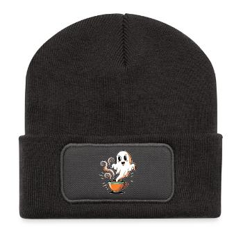 Kaffeegeist mit charmantem Gesicht - Recycelte Patch Beanie - Dunkelgrau - Vorne