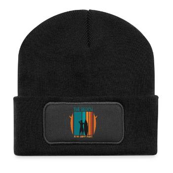Aventure d’une journée à la plage avec la silhouette d’un surfeur - Beanie recyclé à patch - noir - Devant
