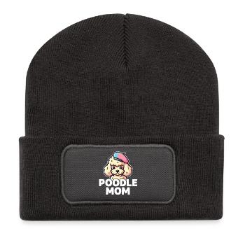 Poodle Mom – Pudel mit Baskenmütze für Hundemamas - Recycelte Patch Beanie - Dunkelgrau - Vorne