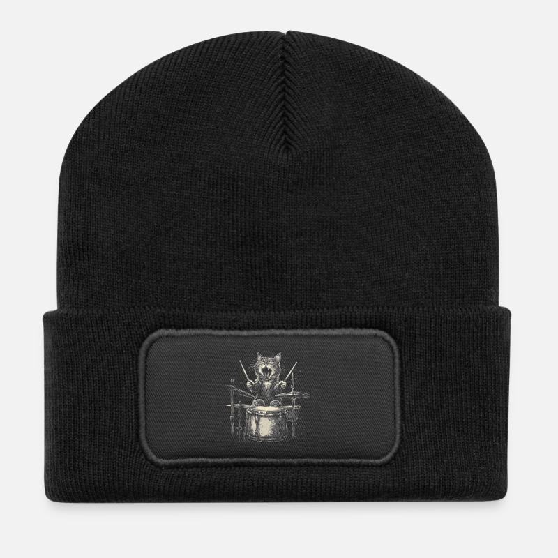 Katze Schlagzeug Drummer Rock Musik Lustig - Recycelte Patch Beanie - Schwarz