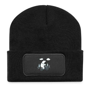 Eisbär auf dem Fahrrad in der sanften Landschaft - Recycelte Patch Beanie - Schwarz - Vorne