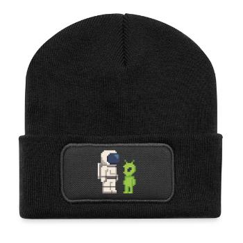 Pixel Astronaut trifft Alien - Recycelte Patch Beanie - Schwarz - Vorne