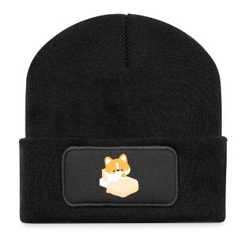 Tired Corgi on Bed - Recycled Patch Beanie - black - Front