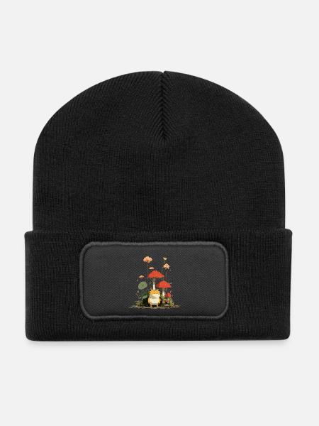 Frog in front of red mushrooms in the forest - Recycled Patch Beanie - black