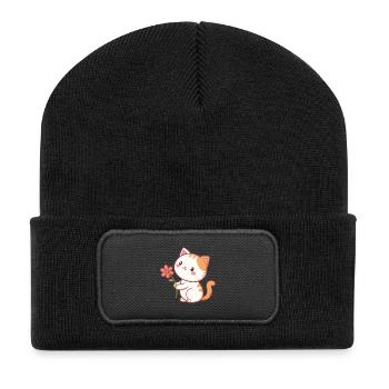 Süße Katze hält eine Blume - Recycelte Patch Beanie - Schwarz - Vorne