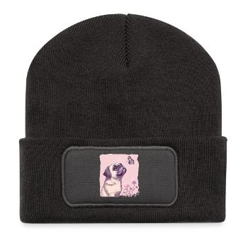 Mops mit Schmetterling - Recycelte Patch Beanie - Dunkelgrau - Vorne
