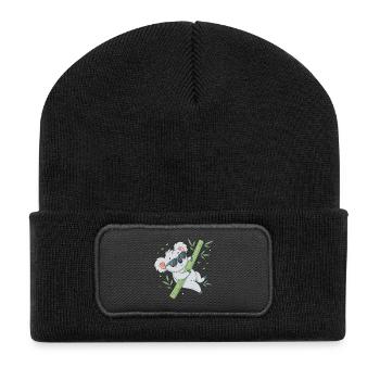 Koala auf Bambus mit Brille - Recycelte Patch Beanie - Schwarz - Vorne