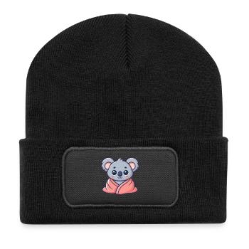 Kawaii-Koala in rosa Laken gewickelt - Recycelte Patch Beanie - Schwarz - Vorne