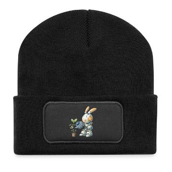 Roboter Hase gießt Pflanze - Recycelte Patch Beanie - Schwarz - Vorne