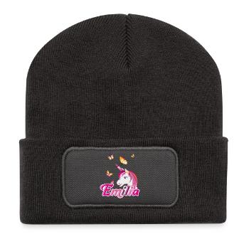 Emilia, nom de jeune fille, prénom préféré - Beanie recyclé à patch - charbon - Devant