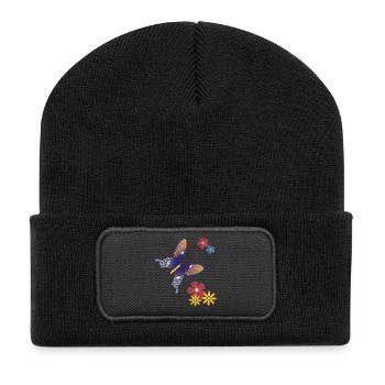 Schmetterling mit Blumen - Recycelte Patch Beanie - Schwarz - Vorne