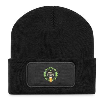 St. Patrick's Day Bier & Kleeblatt - Recycelte Patch Beanie - Schwarz - Vorne