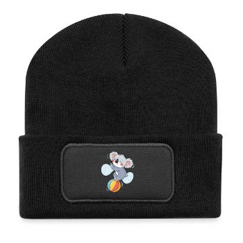 Koala-Jongleur auf einem bunten Ball - Recycelte Patch Beanie - Schwarz - Vorne