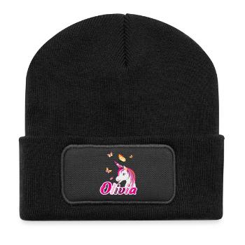 Olivia Einhorn mit Schmetterlingen - Recycelte Patch Beanie - Schwarz - Vorne