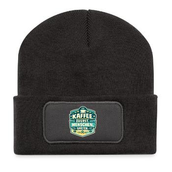 Kaffee zuerst, Menschen später - Recycelte Patch Beanie - Dunkelgrau - Vorne
