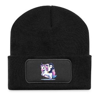 Pinguin reitet Einhorn - Recycelte Patch Beanie - Schwarz - Vorne
