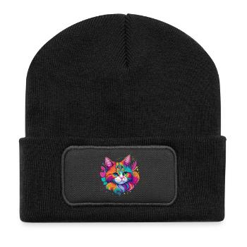 Bunte Katzenporträt Kunst - Katze - Recycelte Patch Beanie - Schwarz - Vorne