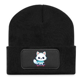 Weißer Fuchs auf blauem Skateboard - Recycelte Patch Beanie - Schwarz - Vorne