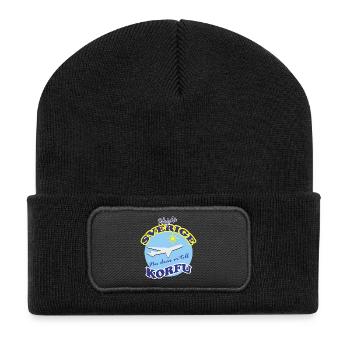 Reise nach Korfu mit Flugzeugmotiven - Recycelte Patch Beanie - Schwarz - Vorne
