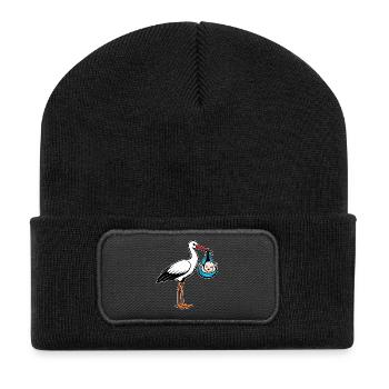 Cigogne avec bébé paix en tissu bleu - Beanie recyclé à patch - noir - Devant