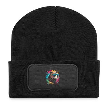 Pop-Art-Bär, buntes Glitzern - Recycelte Patch Beanie - Schwarz - Vorne