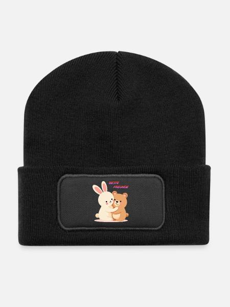Beste Freunde Kuscheln Süße Tiere Hase und Bär - Recycelte Patch Beanie - Schwarz