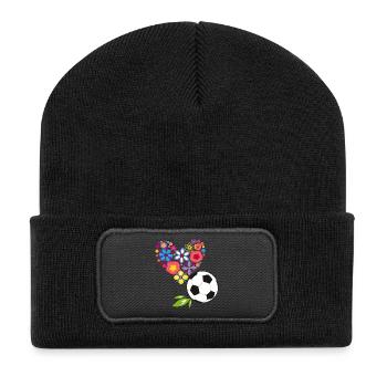 Blumenherz mit Fußball - Recycelte Patch Beanie - Schwarz - Vorne