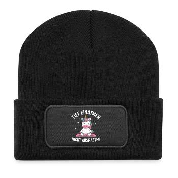  Tief Einatmen Nicht Ausrasten Einhorn Meditation - Recycelte Patch Beanie - Schwarz - Vorne