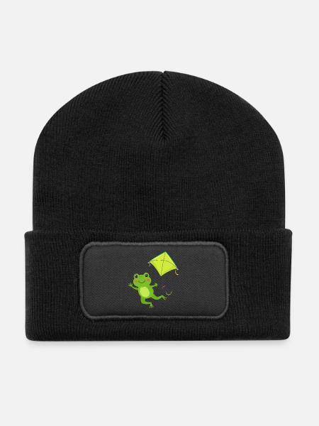 Kawaii frog flying a kite – Cute motif - Recycled Patch Beanie - black