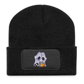 Snuggles der Waschbär im Geisterkostüm - Recycelte Patch Beanie - Schwarz - Vorne