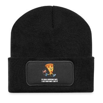 Seafood Diet Wortwitz mit Pizza und Garnele - Recycelte Patch Beanie - Schwarz - Vorne