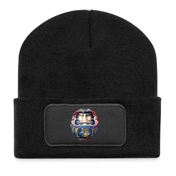 Bunter Daruma mit Blumenmuster Origami Daruma - Recycelte Patch Beanie - Schwarz - Vorne