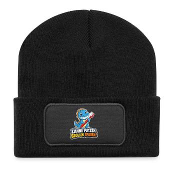 Dino Zähne putzen Schmerzen sparen Spruch Kinder - Recycelte Patch Beanie - Schwarz - Vorne